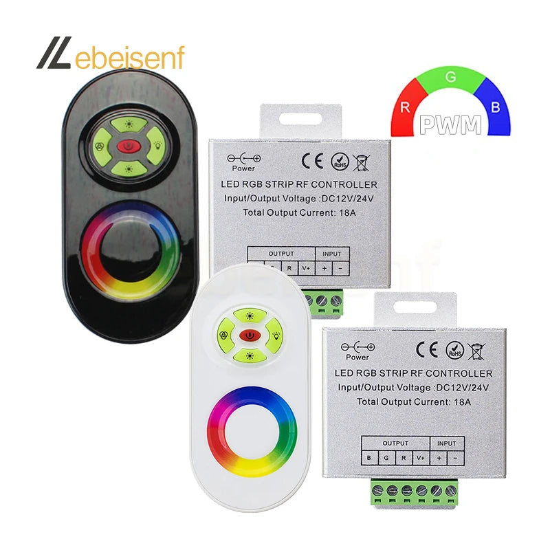 Lebeisenf LED RGB Light Strip Controller DC 12-24V 3-Channel 18A Aluminum Shell RF Touch Remote Control 30m Range PWM Dimmer