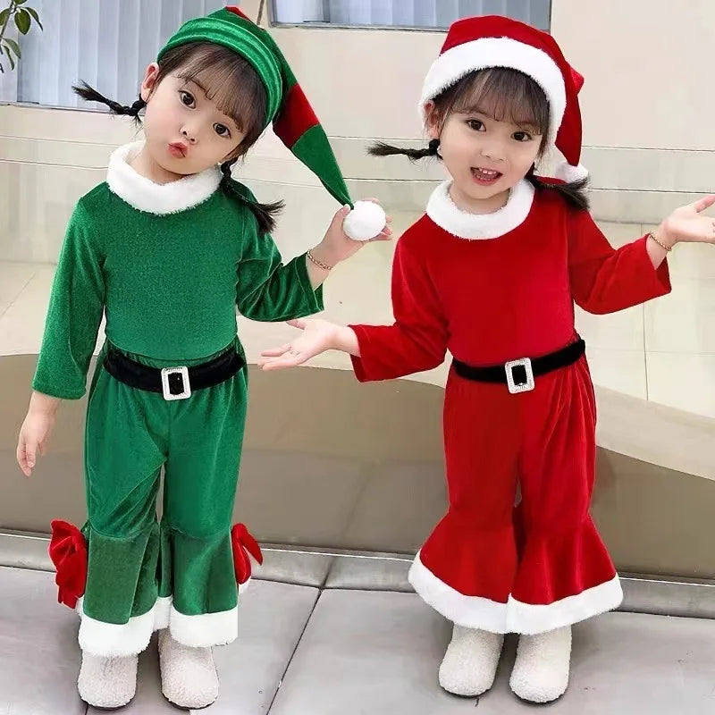 2026 Latest Update Kids Bell Bottom Set Children Holiday Themed Santa Claus Clothes With Hat Christmas Outfit for Girls
