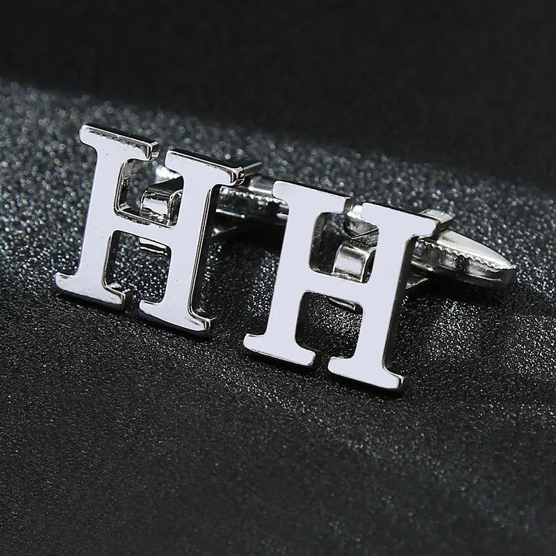 A-Z Initial Male Cufflinks Iron Metal Silver Brass Cufflink for Men Classic 26 Letters Alphabet Men's Cuff Link
