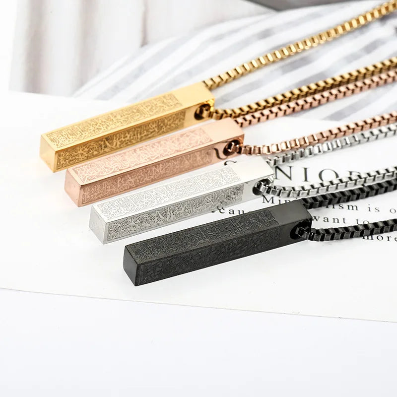 Stainless Steel Waterproof Necklaces for Men Vertical Bar Charm Muslim Calligraphy Islamic Pendant Arabic 3D Bar Necklace