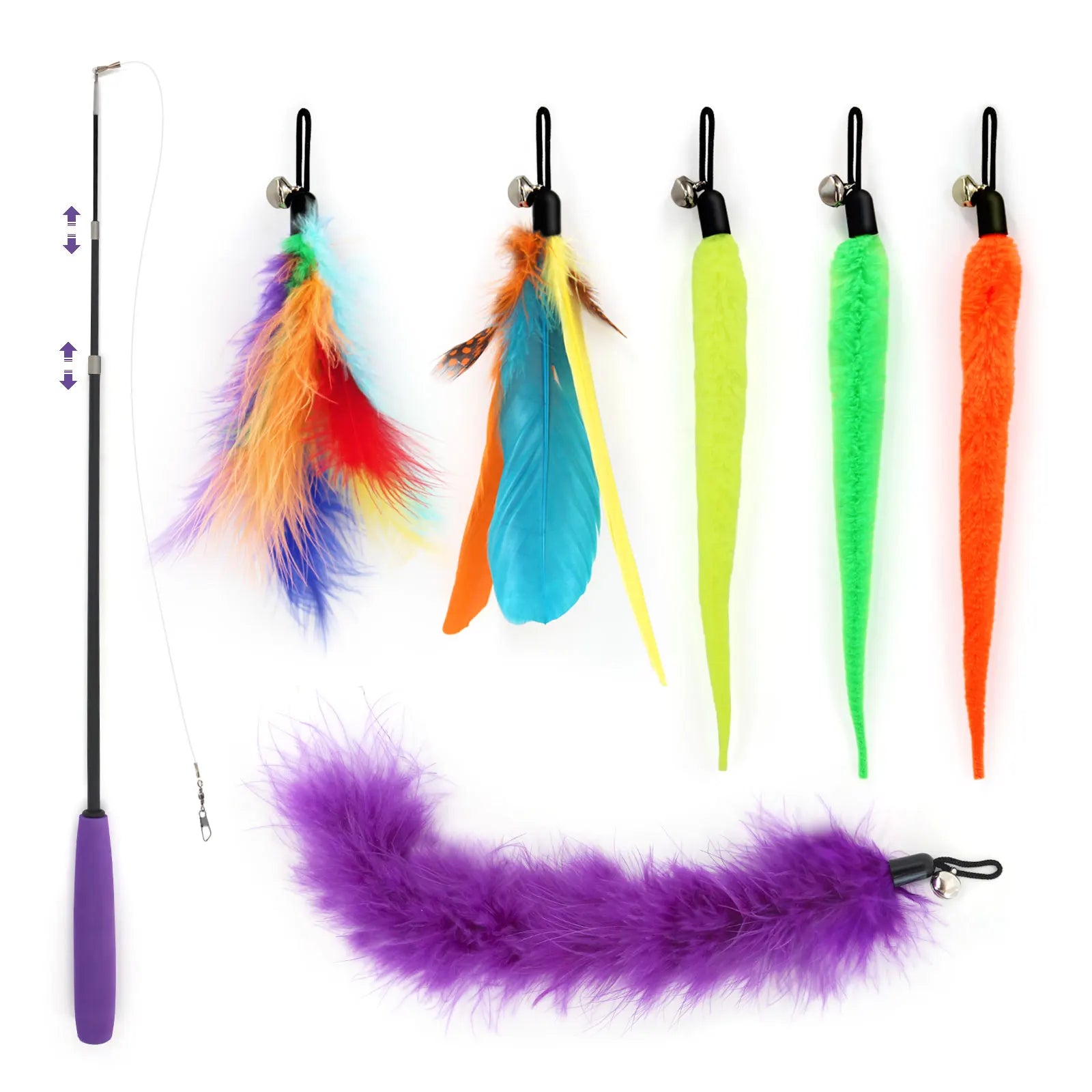 SONGWAY Cat Teaser Toy Fluorescent Color Series Retractable Durable Carbon Fiber Rod Interactive Pet Toy with Feather for Cats