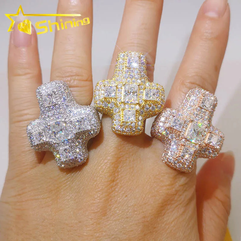 Wholesale Unisex Cross Ring 925 Sterling Silver Iced Out Moissanite Diamond Hiphop Rings Cross