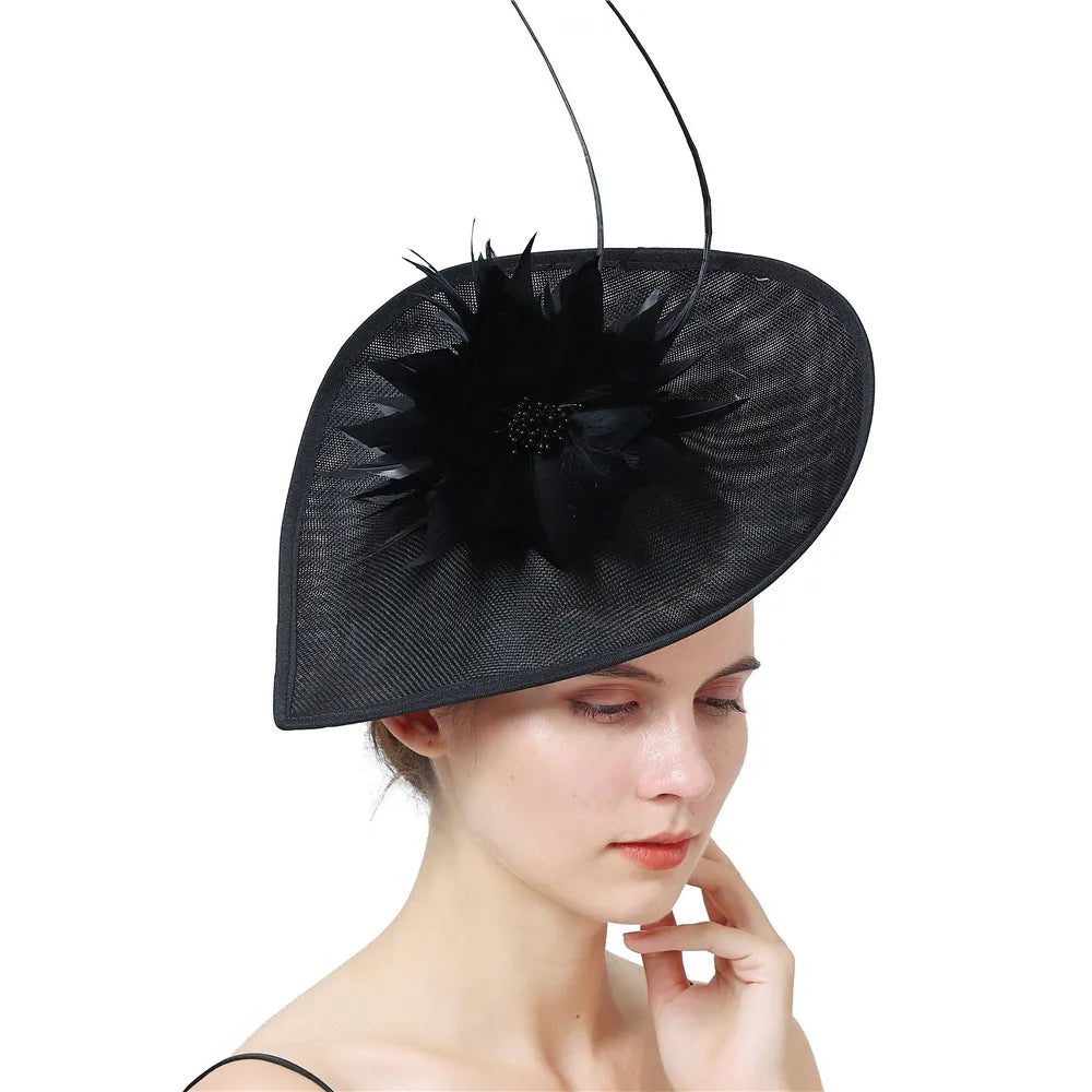 2024 New  Widebrim Big Flower Sinamay Feather Widebrim Hat Base Girl Lady Formal Church Wedding Dress Fascinator Hats for Women