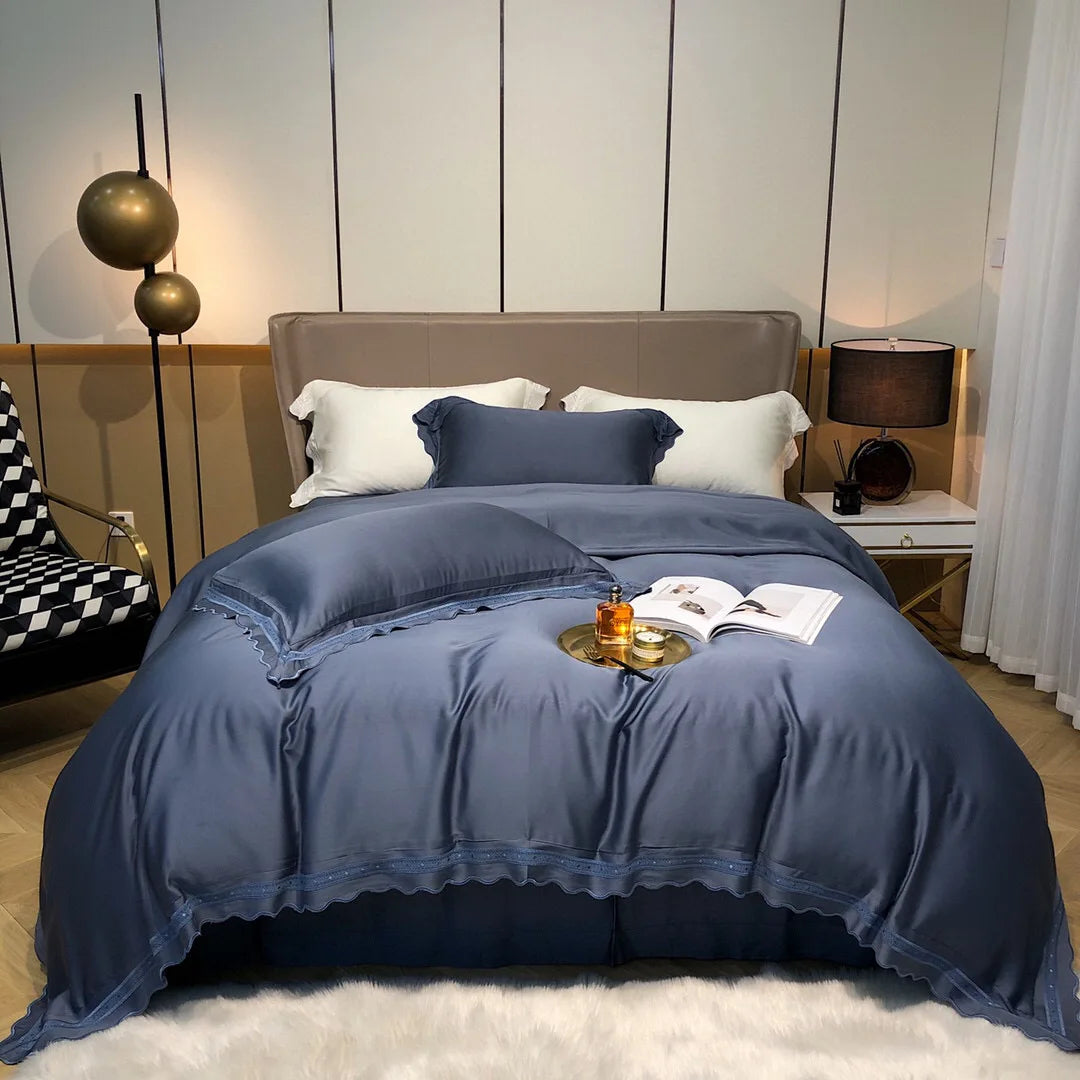 Advanced 4pcs Solid Color Duvet Cover Lace Pillow Shams Pillowcases Blue Bed Linen Bedding Set Supplier