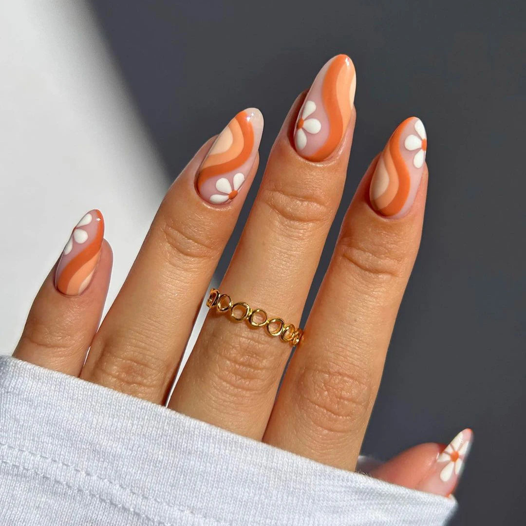 OEM Custom Flower Line Design Press on Nails En Gel Short Almond Acrylic Wholesale Soft Gel Fake Artificial Nails Press on
