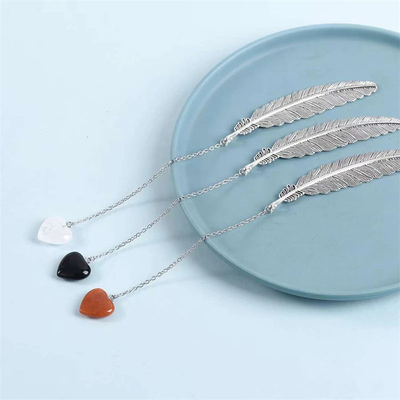 New Arrival Amethyst Heart Feather Bookmark Creative Retro Bookmarks Natural Rose Quartz Heart Shape Bookmarks