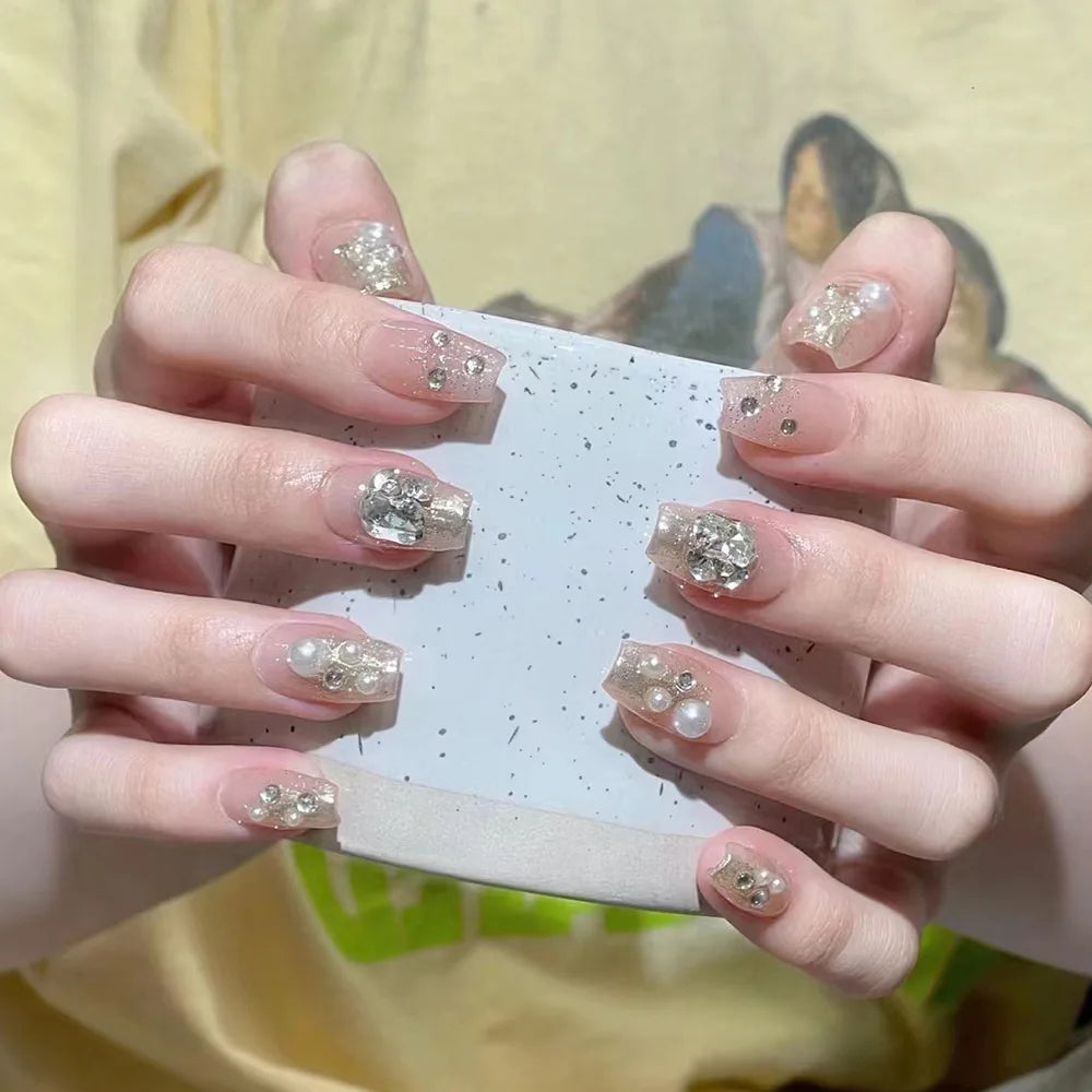 Wholesale Long Diamond Acrylic Nail Accessories Pearl 24pcs Full Cover False Nail Tips Private Label Press on Nails for Women