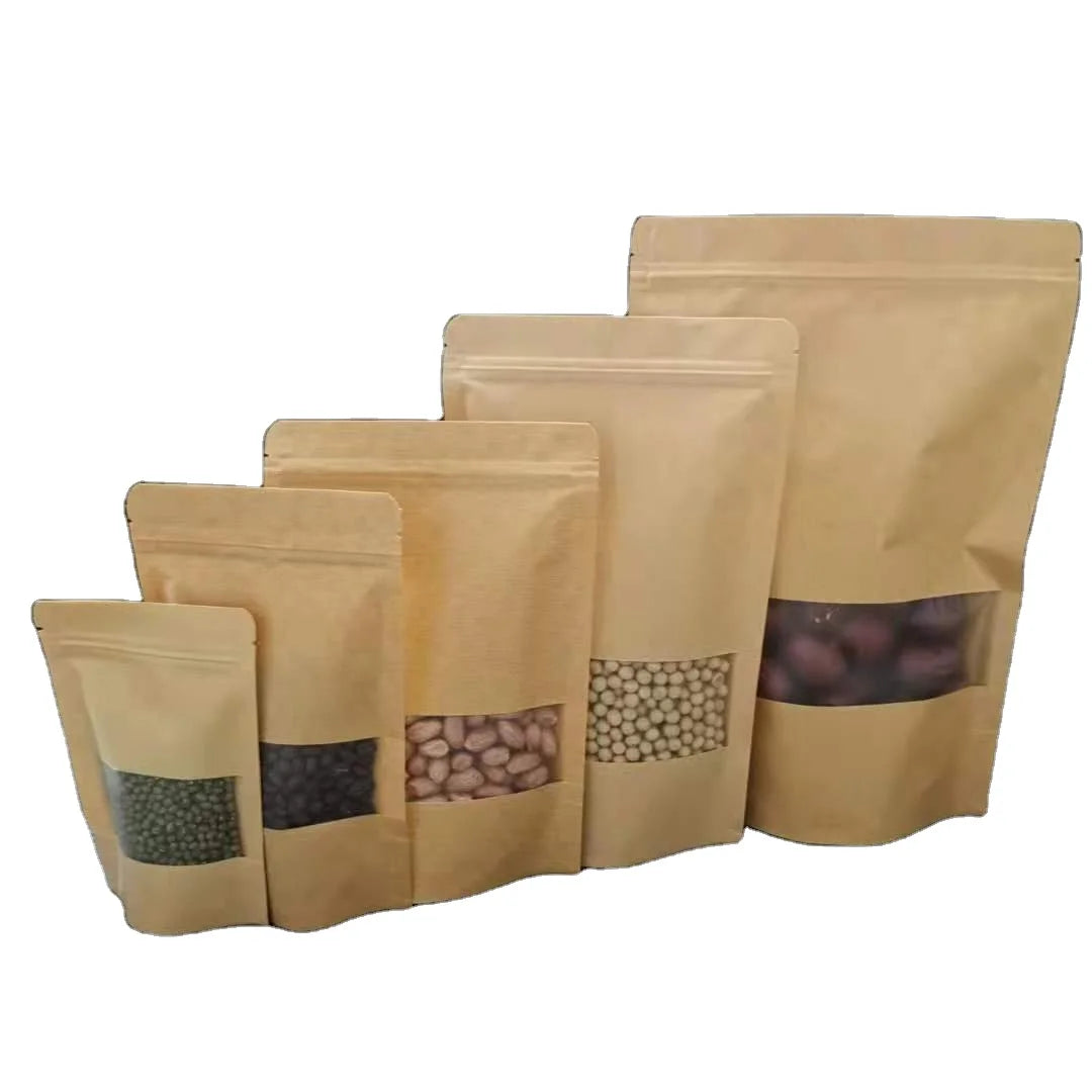 Factory Wholesale Food Packaging Doypack Stand up Pouch Plain Brown Kraft Paper Bag with clear Window and Zip Lock for Tea Snack