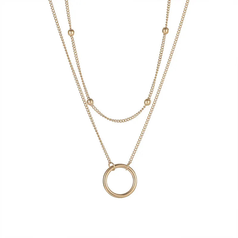 New Gold Plated Two Layer Round Circle Pendant Necklace Waterproof Stainless Steel Beads Chain Geometric Circle Necklace