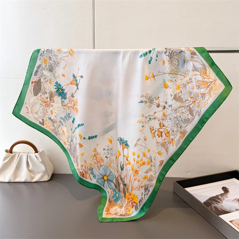 Lightweight Soft Small Hair Silk Feel Scarves Fancy Butterfly Flower Print Polyester Silk Shawls for Women 70*70CM Square Scarf