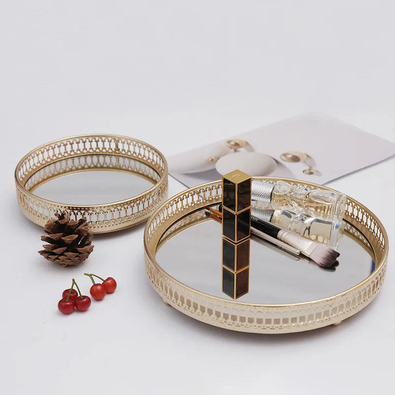 Round Metal Makeup Tray Jewelry Trinket Gold Vanity Antique Mirror Makeup Tray