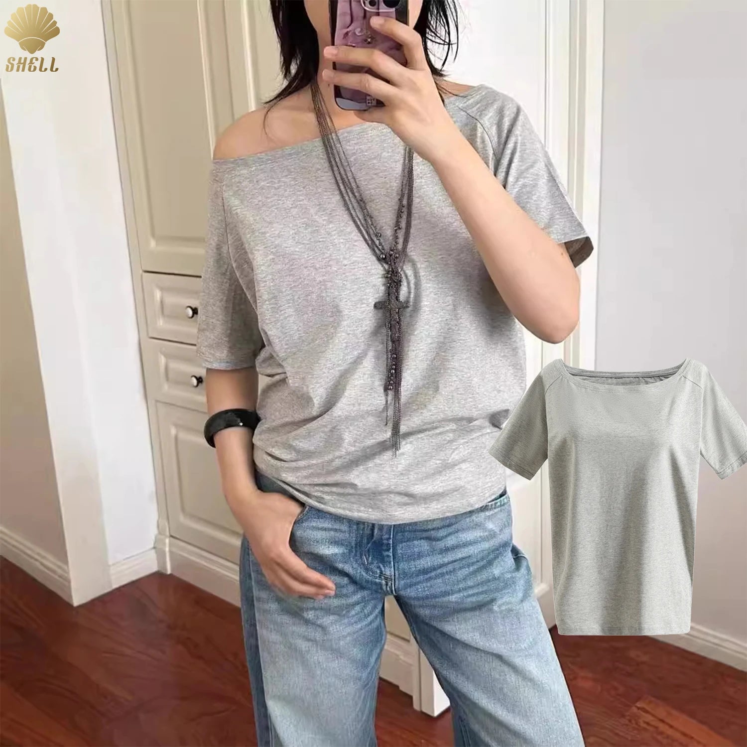 CNSHELL Cotton Asymmetry Off Shoulder Daily Wear Single Layer Loose T-shirt Short Sleeve Cut Out Top Casual