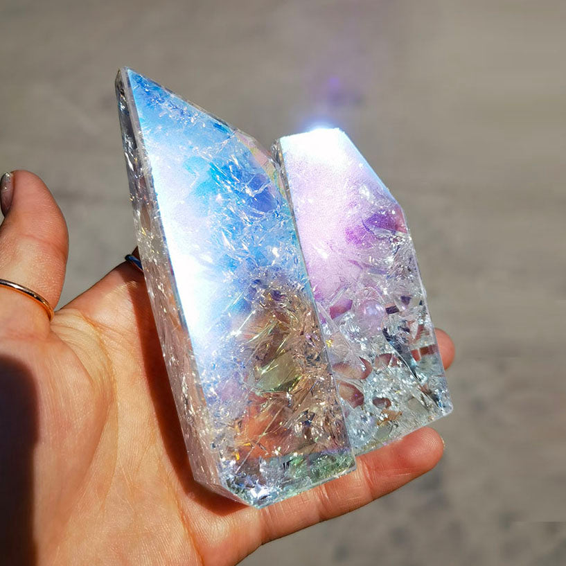 Angel Aura Cracked Crystal Free Form Polished Shiny Aura Clear Quartz Polyhedral Rainbow Chunk Stone