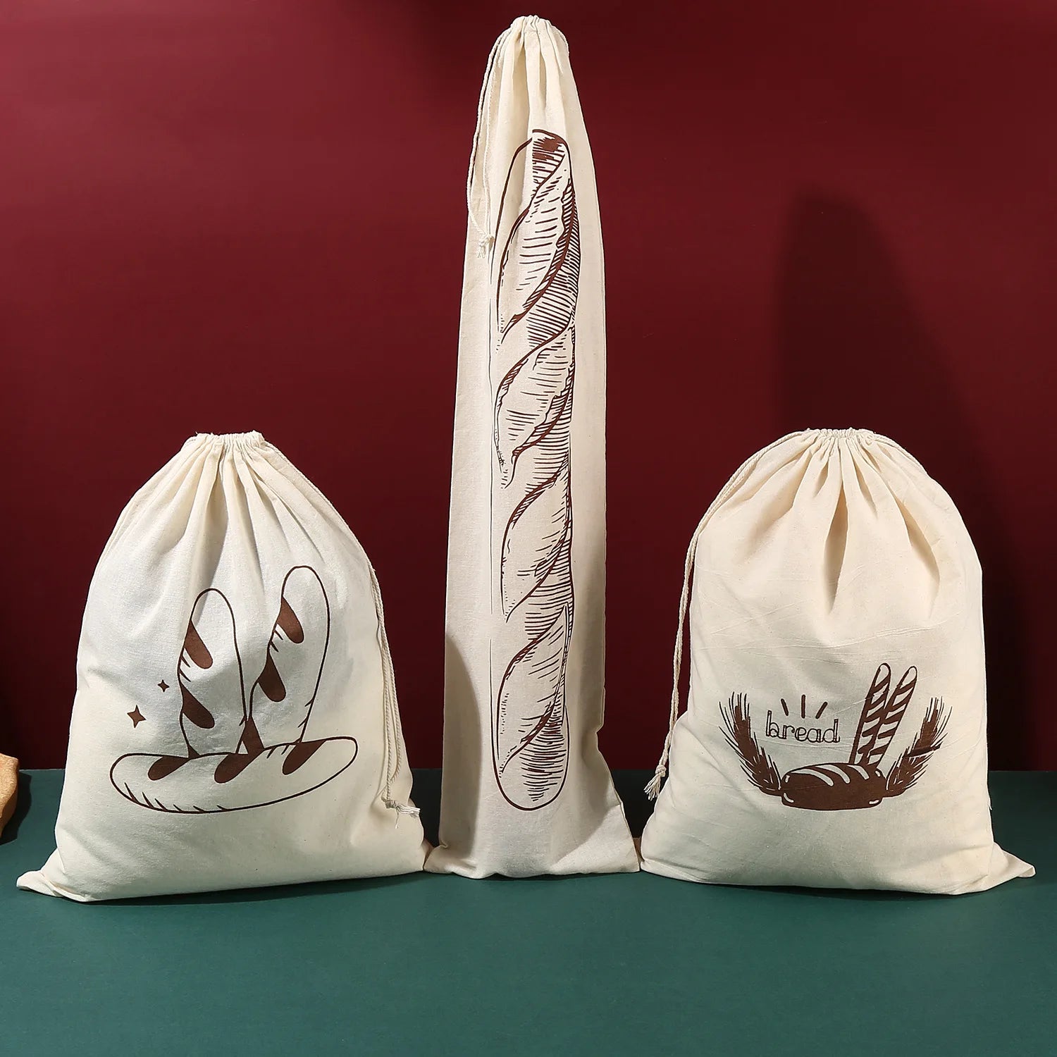 Cross-border Direct Sales Linen Tote Bag Reusable French Baguette Cookie Cotton Drawstring Bread Pouch