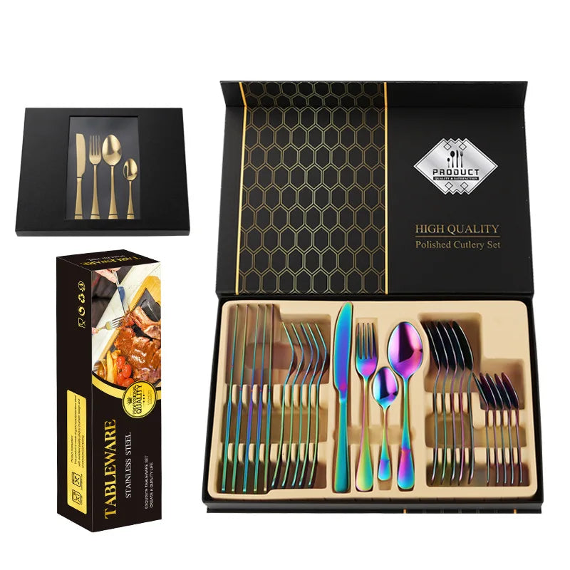 Stainless Home Steel Gold Flatware 24 Cutlery Set With Box 24pcs Flatware Sets Dinner Sliver Titanium Wedding Cutlery Set