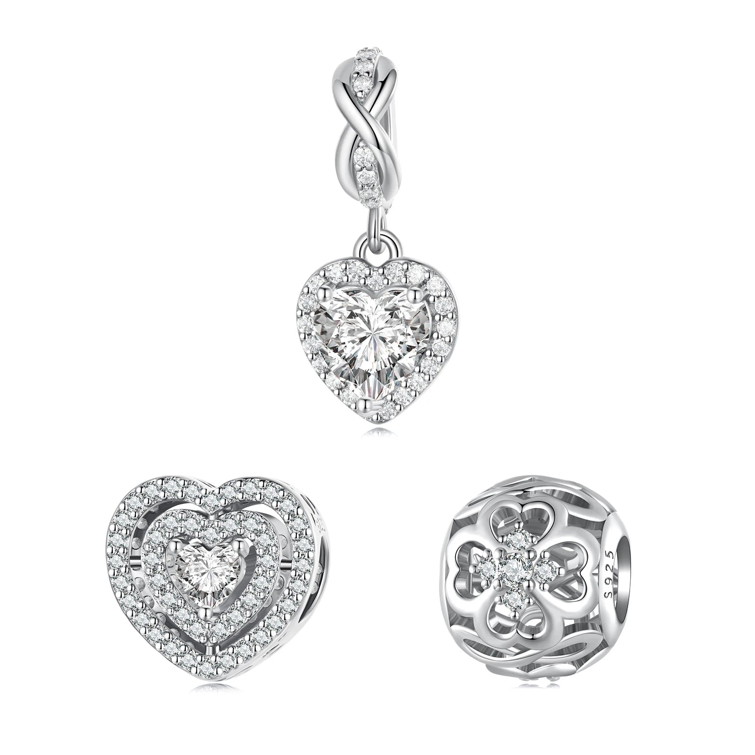New 925 Sterling Silver Shiny Zircon Heart Pendant Beads Fit Bracelet & Necklace Women Fine Jewelry