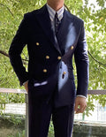Dark Blue Double-Breasted Zipper Fly Men's Wedding Suits Anti-Static Peaked Lapel Flat Front Style for Business