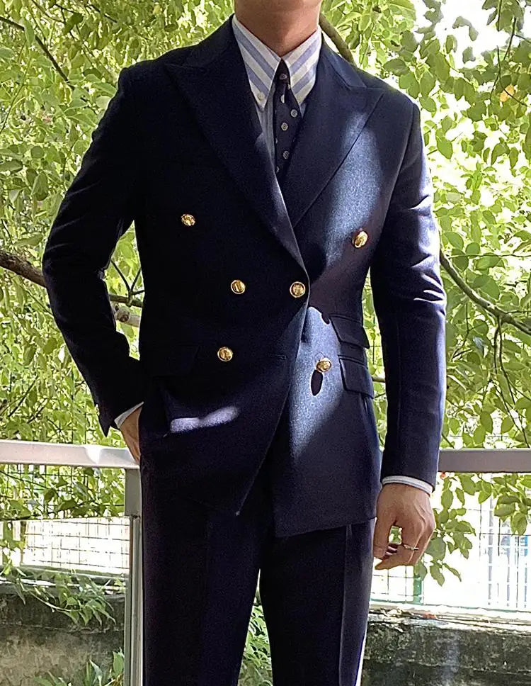 Dark Blue Double-Breasted Zipper Fly Men's Wedding Suits Anti-Static Peaked Lapel Flat Front Style for Business