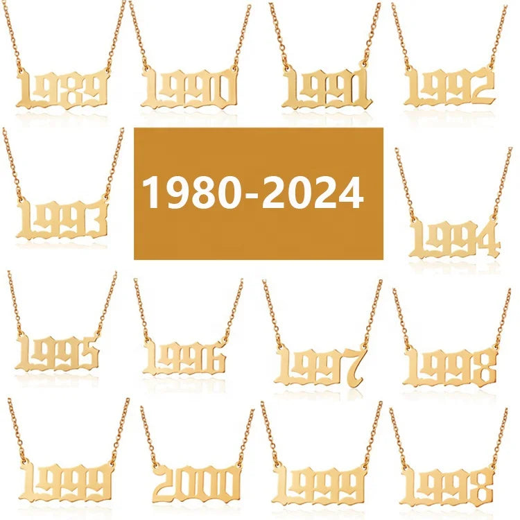 1980-2024 Non Tarnish 18K Gold Silver Plated Charm Old English Stainless Steel Birth Year Number Necklace Jewelry for Women