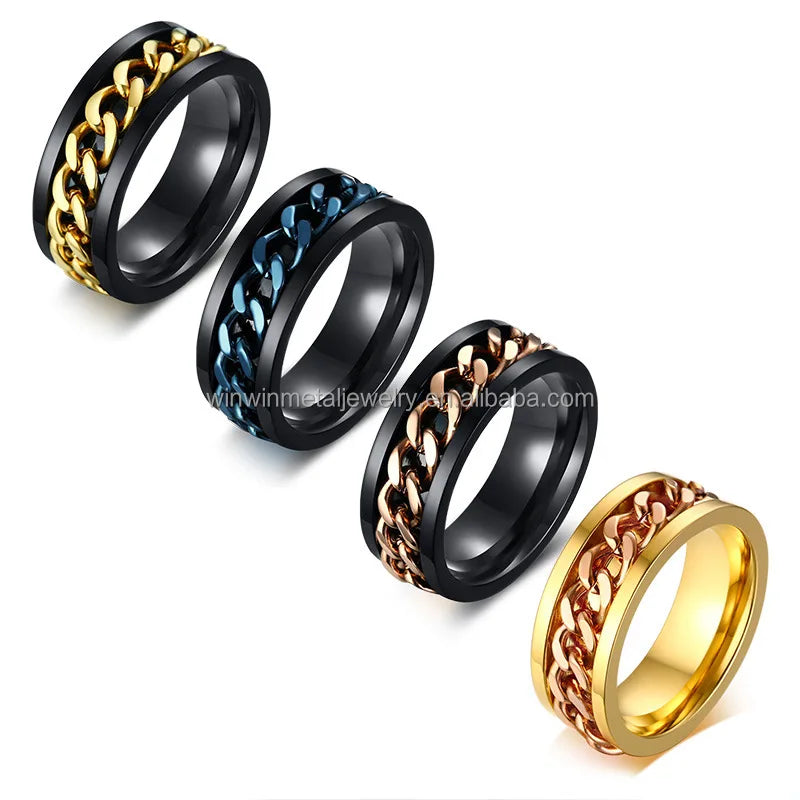 Men's Stainless Steel Decompression Spin Ring Gold Silver Rose Gold Blue Chain Inlay Engagement Jewelry Finger Rotating Ring