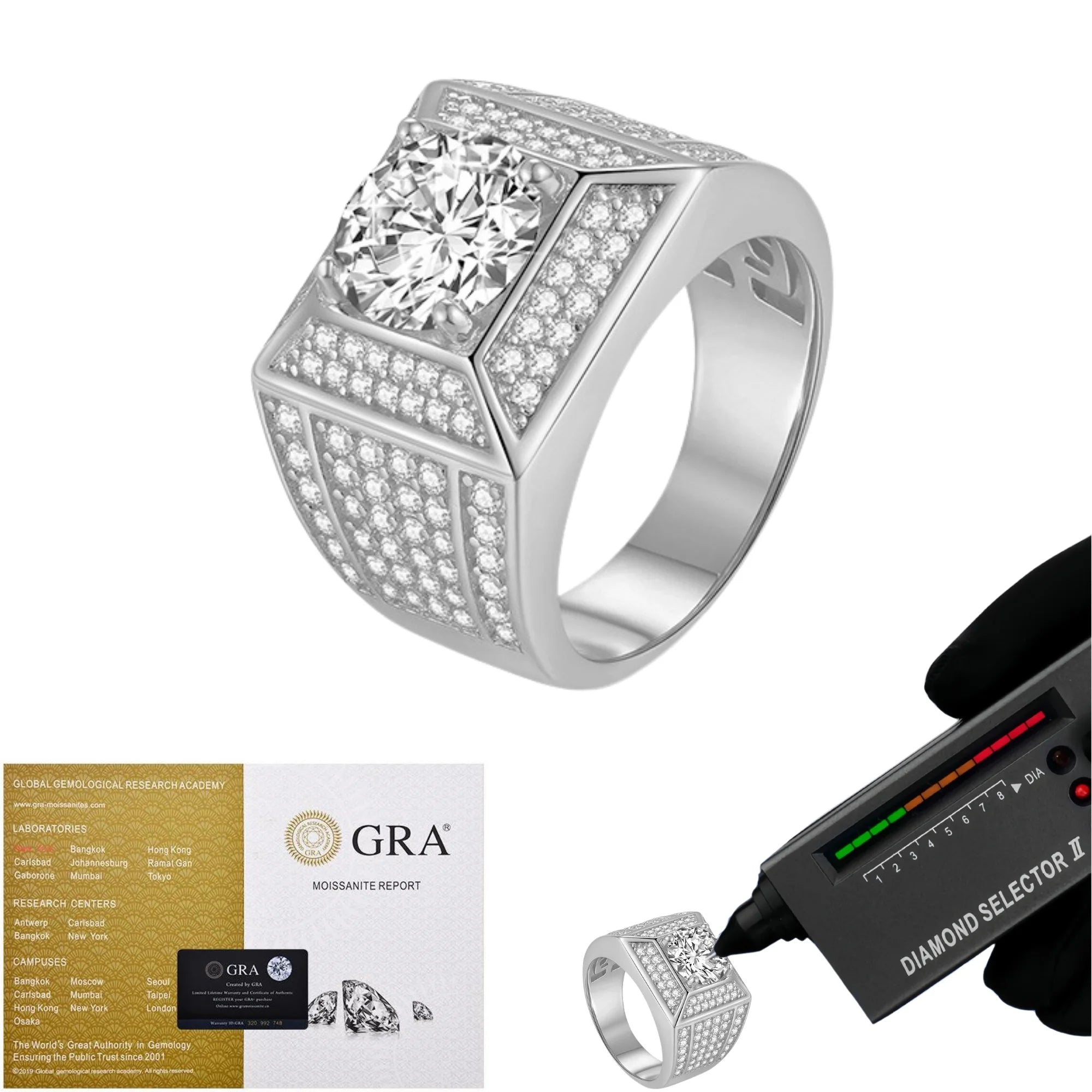 Wholesale Luxury Fashion 925 Silver Round Cut Moissanite  Rings for Men Engagement Jewelry Men Moissanite Ring 3ct