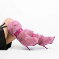 Winter Women's High Top Knee-High Pointed Toe Furry Boots with ZIP Closure Comfort Height Increasing Party Dress Shoes
