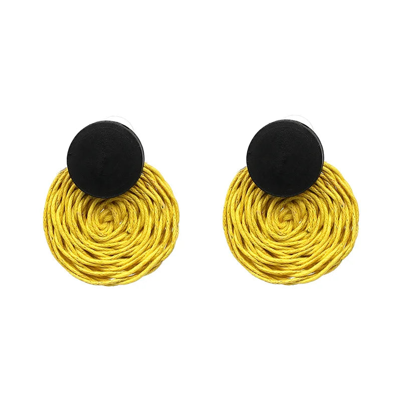 HOVANCI New Arrival Handmade Grass Rattan Woven Stud Earrings Simple Geometric Wooden Bamboo Woven Earrings Wholesale