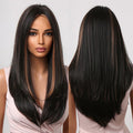 Factory Inventory Dark Brown Golden Highlight Synthetic Hair Wigs Middle Part Long Wavy Wigs for Natural Heat Resistant Fiber