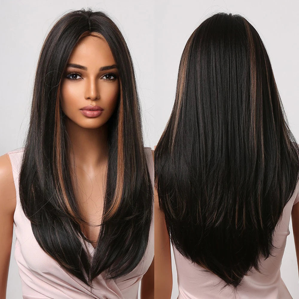 Factory Inventory Dark Brown Golden Highlight Synthetic Hair Wigs Middle Part Long Wavy Wigs for Natural Heat Resistant Fiber