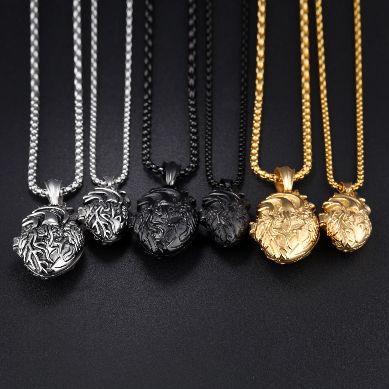 Deathly Hallows Black Unisex Punk Style Anniversary Necklace Openable 3D Heart Shape Pendant 18k Gold Plated Stainless Necklace
