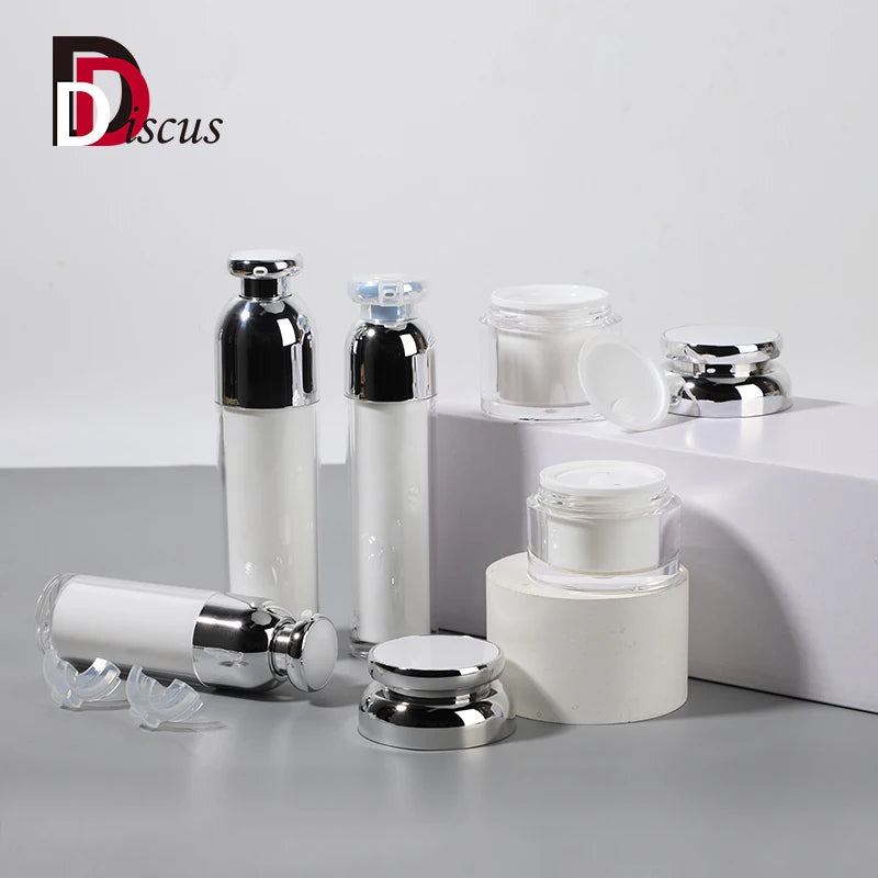 30ml 50ml 100ml Promotional Various Good Quality Acrylic Luxury White Silver Cosmetic Airless Pump Bottle and Jar Skincare Set