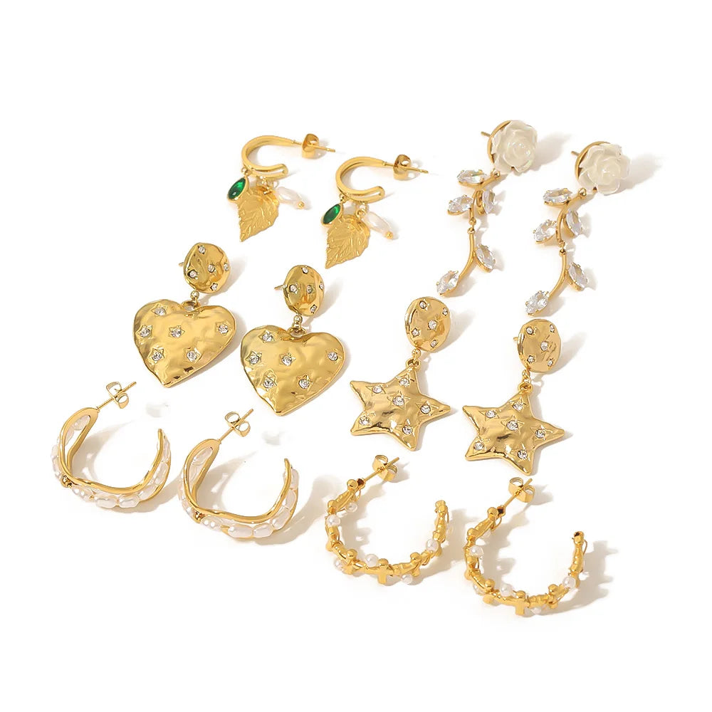 Dainty Stainless Steel 18k Gold Plated Pearl Cubic Zircon Inserted Heart Star Flower Geometric Unisex Drop Earrings Waterproof