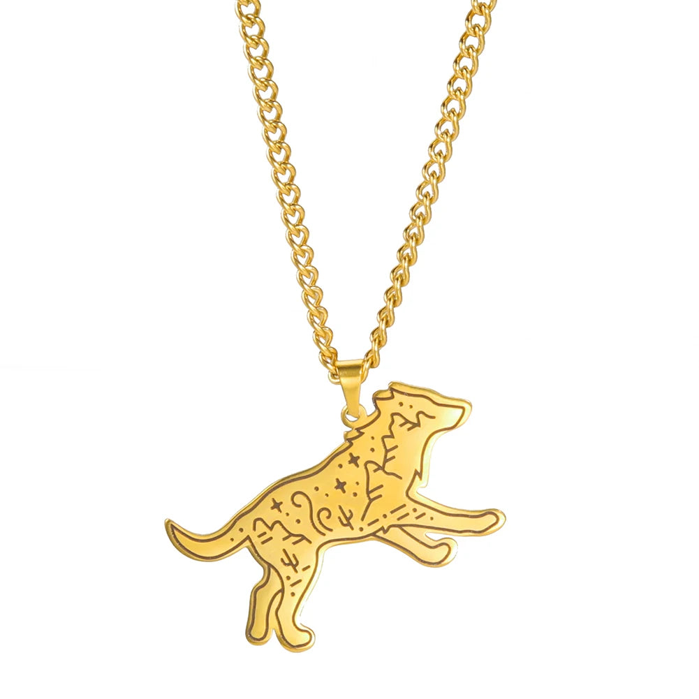 Myshape Running Dog Animal Mountain Forest Landscape Pendant Necklaces Stainless Steel Jewelry Statement Necklace for Men Women