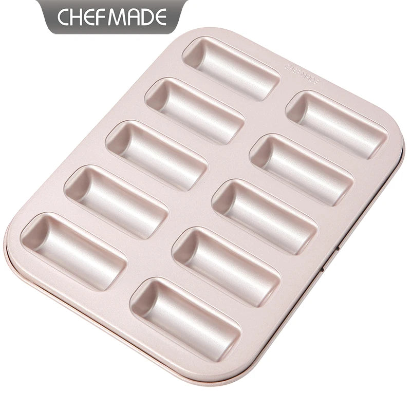 CHEFMADE WK9839 Carbon Steel Bakeware 10 Cup Non-stick Cigar Financier Cake Mold Pan for Oven Baking