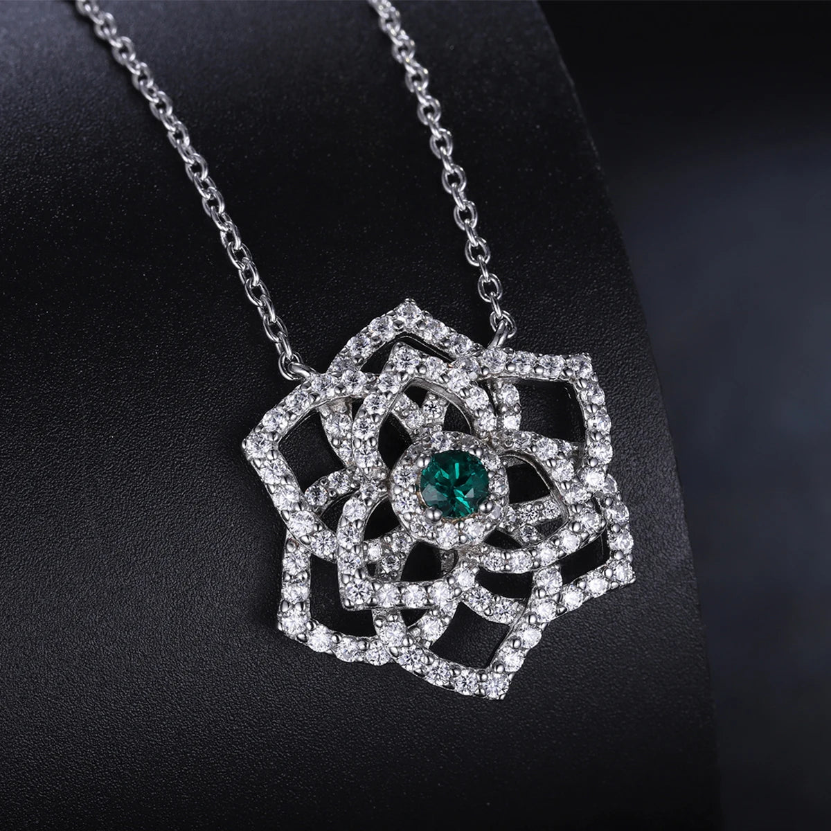 ANSTER 925 Sterling Silver Customised Necklace Round Emerald Diamond Rose Flower Necklace With 18 Inch Silver Chain