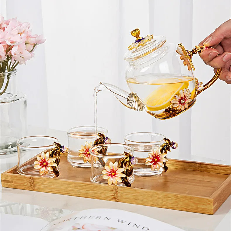 Flower Tea Cups Teapot Set Lead Free Crystal Glass Business Gift Eco-friendly Luxury Travel Asian Zen 20 Sets Wholesale Jesenbol