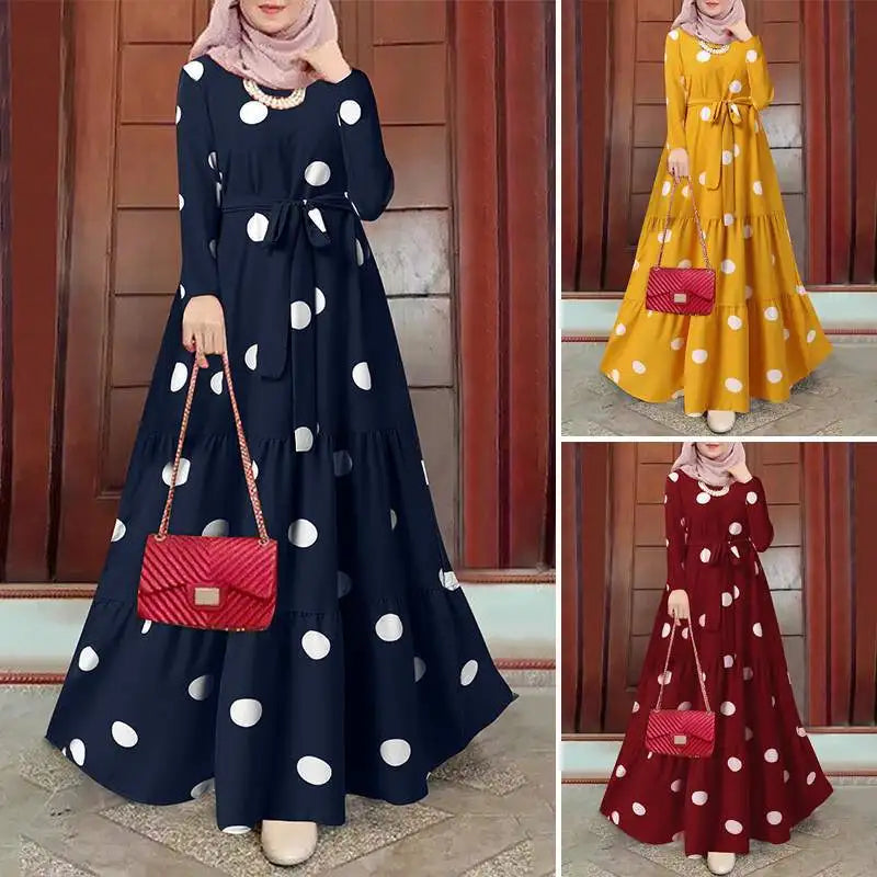 S-2XL Women's Dress Retro Polka Dot Print Robe Dress Islamic Muslim Clothing  Crew Neck Dresses 30% off