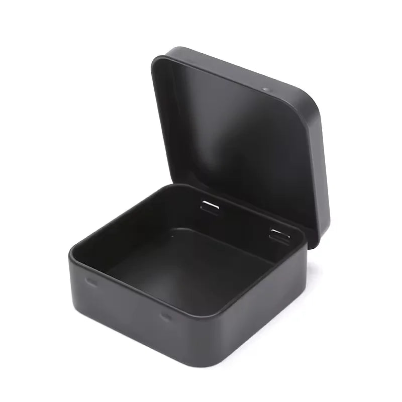 Matte Black Square Gift Box Metal Hinged Storage Tin 70X70X23MM for Gift & Craft with White Silver Stickers