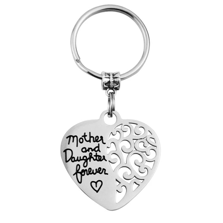 Fashionable Heart-Shaped Stainless Steel Keychain Hollow Out Mother Daughter Design Vintage Style Gift for Families Wholesale