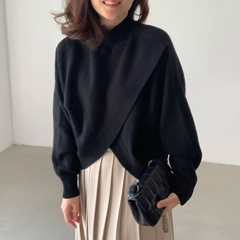 Wholesale 2026 Spring Retro Versatile Stand-up Collar Pullover Loose Irregular Cross Split Skin-friendly Long Sleeve Sweaters