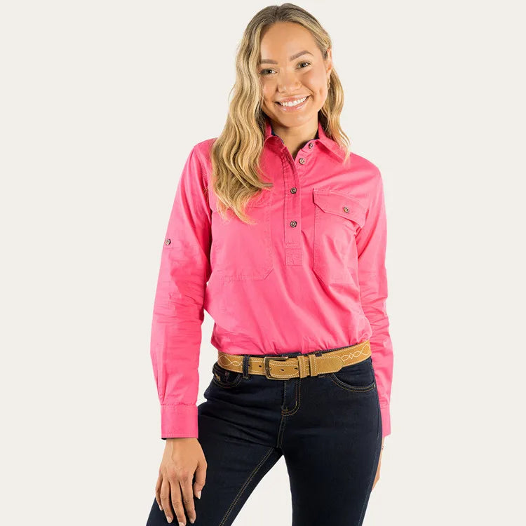 Half Button Long Sleeve Women 100% COTTON WORK SHIRT