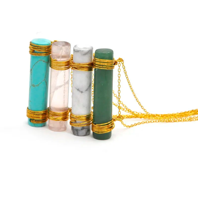 Wrapped Gold Wire Crystal Column Necklaces Healing Stones Spiritual Pendant Natural Gemstone Jewelry Chain for Women Girls