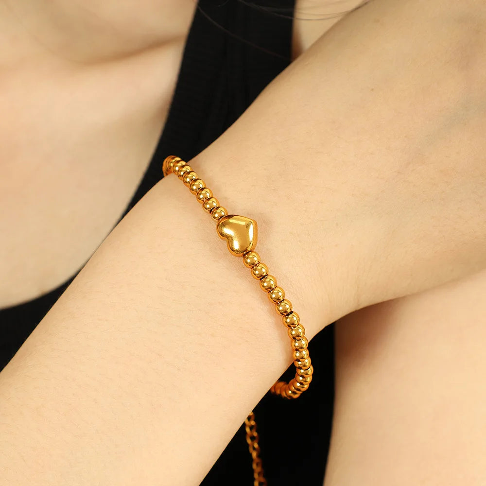YF3820 Stainless Steel Waterproof Jewelry 18k Gold Plated Heart Shaped Bead Bracelet Women