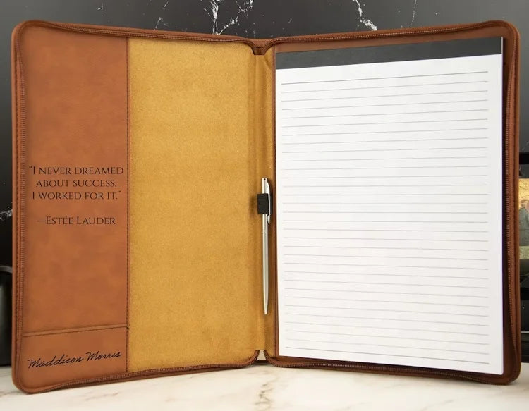 Custom Blank Laser Engraved Leatherette Professional File Folders A4 Zipper Portfolio With Notepad