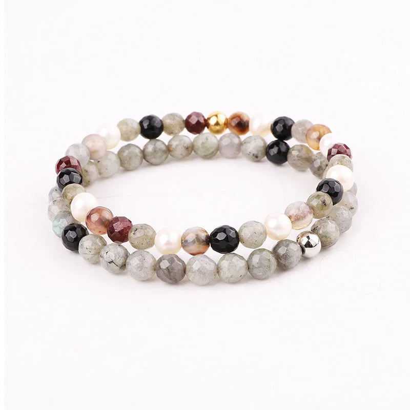 New Fashion Design Natural Gemstone Labradorite Stone Beads Elastic Bracelet Set Women