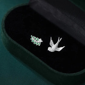 Cubic Zircon Paved Bird Leaves Stud Earrings for Women 925 Sterling Silver Asymmetric Branch Animal Earrings