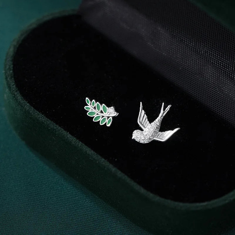 Cubic Zircon Paved Bird Leaves Stud Earrings for Women 925 Sterling Silver Asymmetric Branch Animal Earrings