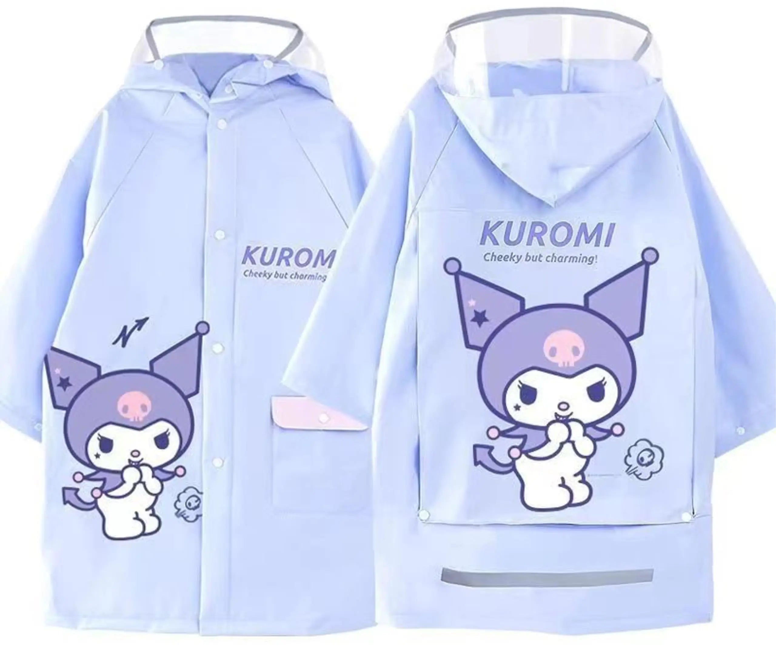 Kids Raincoat Waterproof Cute Cinnamoroll Kuromi Design with Reflective Strip Transparent Brim and Big Space for Schoolbag