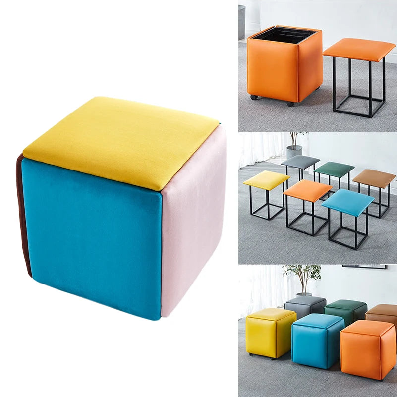 HOMEMORE 5 in 1 Organized Modern square Small Telescopic Padded Velvet Leather Box Ottoman Wheel Stool for Living Room