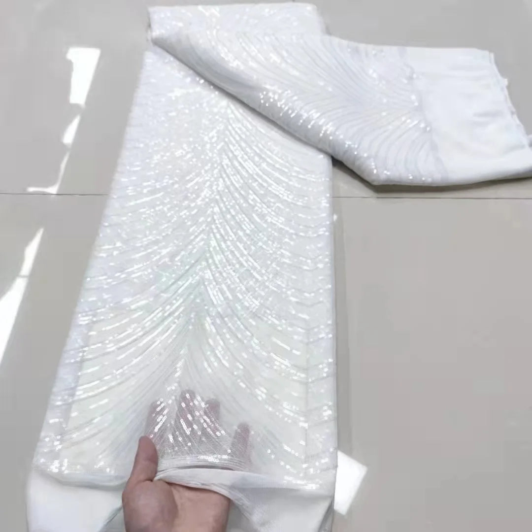 Beaded Lace Fashion Fabrics White Pearl Net Fabric Embroidery French Sequence Lace Fabric for Nigerian Party Dress